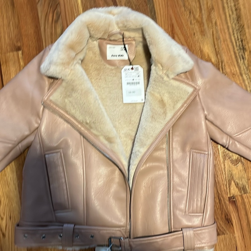 NWT ZARA GIRLS PALE PINK MOTO JACKET pale pink fur inside  size 10